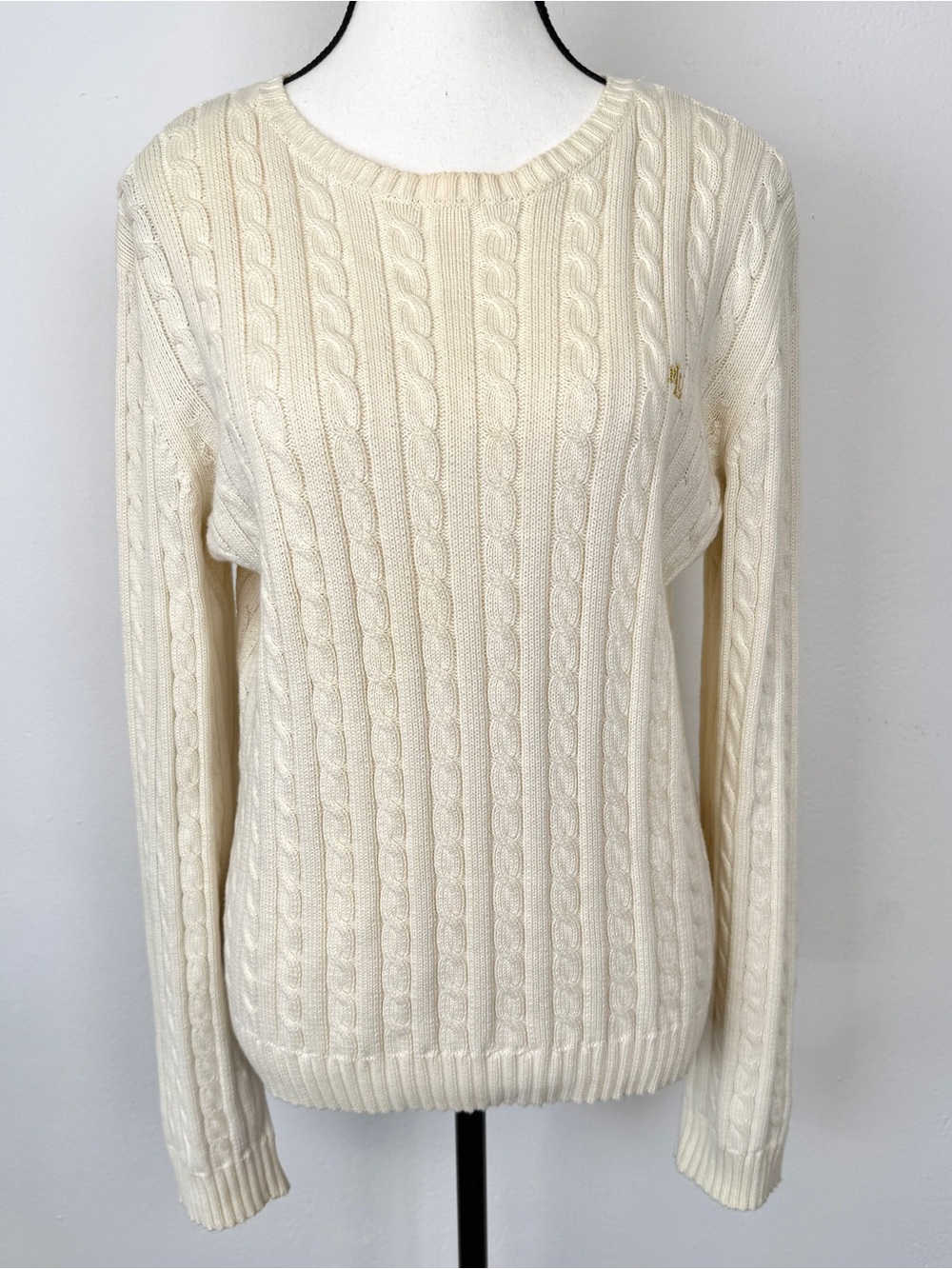 Lauren Ralph Lauren Size Large Ivory Cable Knit Crewneck Sweater